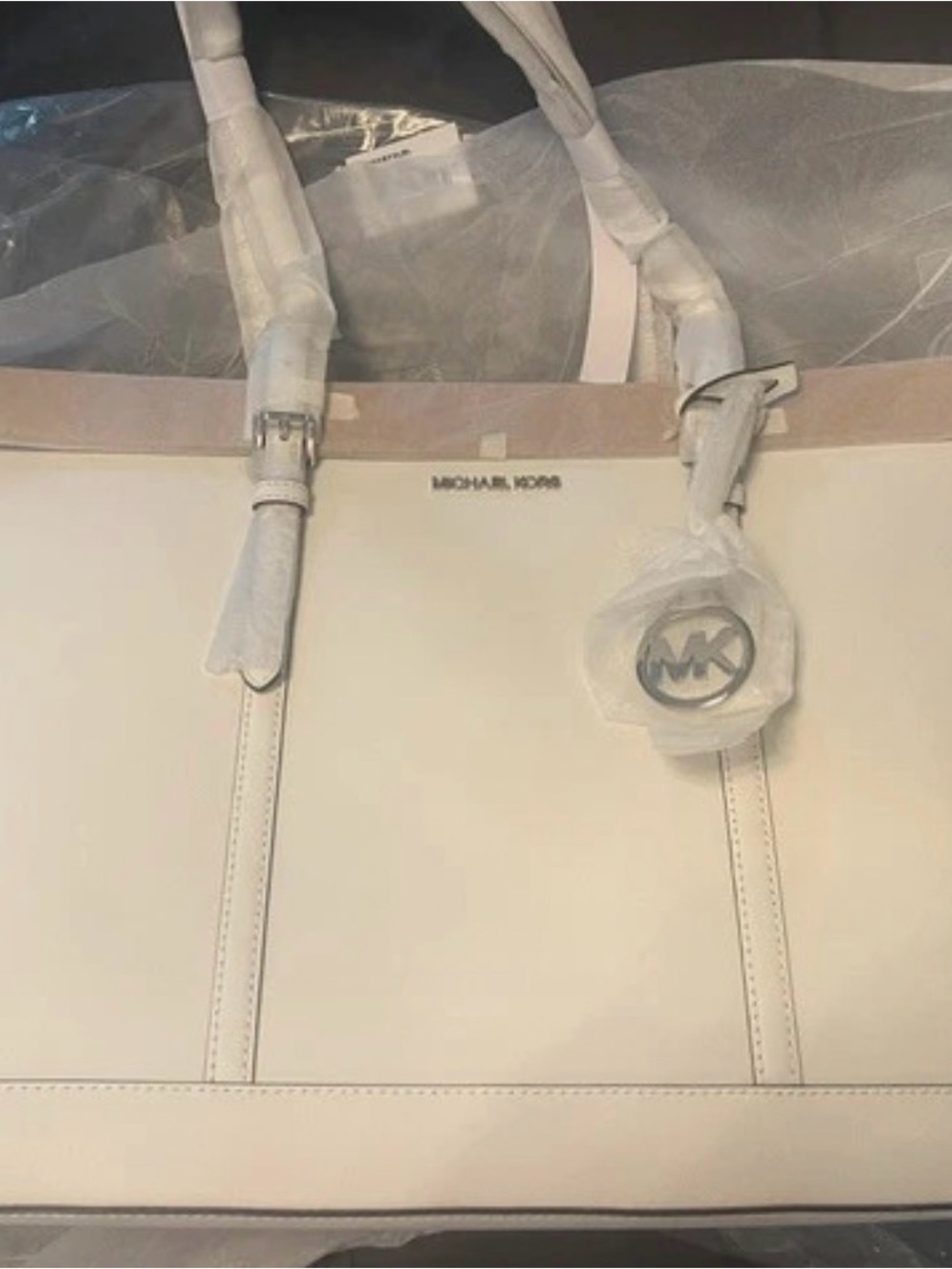 Michael Kors Cream and Tan Leather Tote with MK Charm